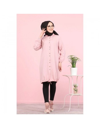 Tunique-Chemise ample boutonnée (Vetement femme voilée France) - Couleur rose clair 