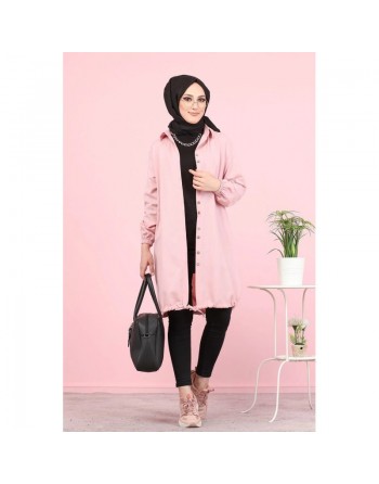 Tunique-Chemise ample boutonnée (Vetement femme voilée France) - Couleur rose clair 