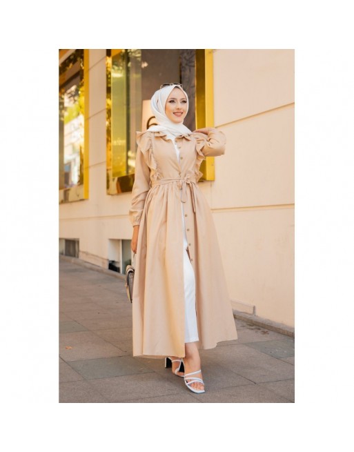 Robe longue boutonnée à froufrou (Vêtement hijab pour femme musulmane) - Couleur Beige Robe longue boutonnée à froufrou (Vêtement hijab pour femme musulmane) - Couleur Beige
