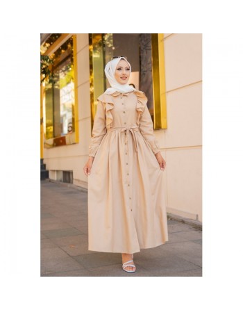 Robe longue boutonnée à froufrou (Vêtement hijab pour femme musulmane) - Couleur Beige 