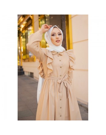 Robe longue boutonnée à froufrou (Vêtement hijab pour femme musulmane) - Couleur Beige 
