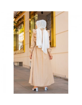Robe longue boutonnée à froufrou (Vêtement hijab pour femme musulmane) - Couleur Beige 