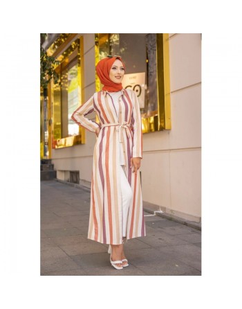 Robe entièrement boutonnée devant avec ceinture assortie (Vetement d'été femme) - Rayures Crème-Beige-Grenat-Rouille 