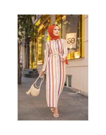 Robe entièrement boutonnée devant avec ceinture assortie (Vetement d'été femme) - Rayures Crème-Beige-Grenat-Rouille 
