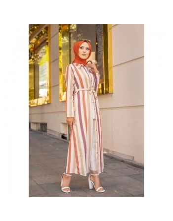 Robe entièrement boutonnée devant avec ceinture assortie (Vetement d'été femme) - Rayures Crème-Beige-Grenat-Rouille 