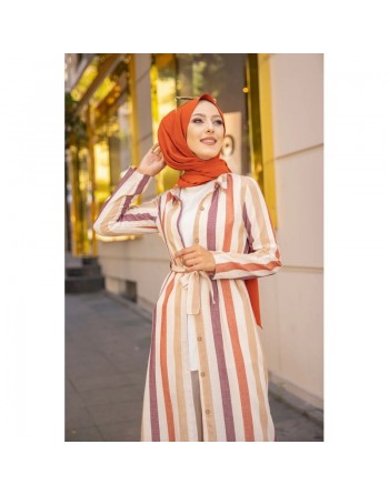 Robe entièrement boutonnée devant avec ceinture assortie (Vetement d'été femme) - Rayures Crème-Beige-Grenat-Rouille 