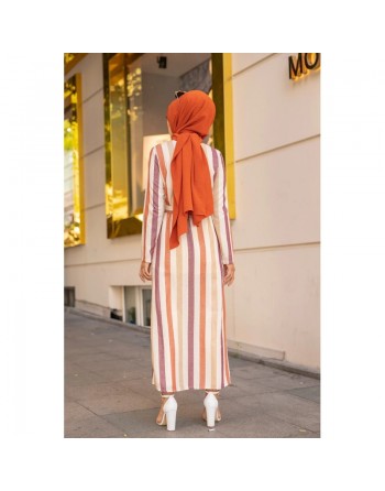 Robe entièrement boutonnée devant avec ceinture assortie (Vetement d'été femme) - Rayures Crème-Beige-Grenat-Rouille 