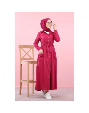 Robe entièrement boutonnée à poches et ceinture assortie (Vetement en ligne pour femme voilée) - Couleur fuchsia 