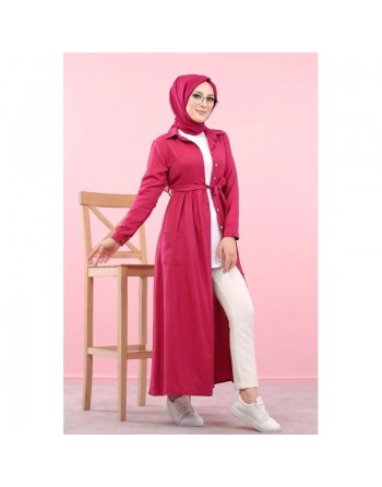 Robe entièrement boutonnée à poches et ceinture assortie (Vetement en ligne pour femme voilée) - Couleur fuchsia 