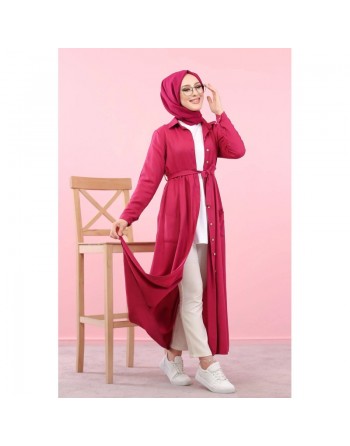 Robe entièrement boutonnée à poches et ceinture assortie (Vetement en ligne pour femme voilée) - Couleur fuchsia 