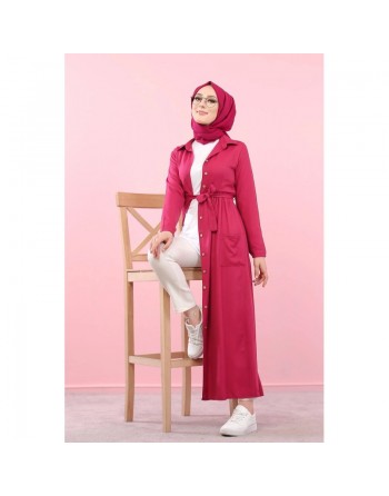 Robe entièrement boutonnée à poches et ceinture assortie (Vetement en ligne pour femme voilée) - Couleur fuchsia 