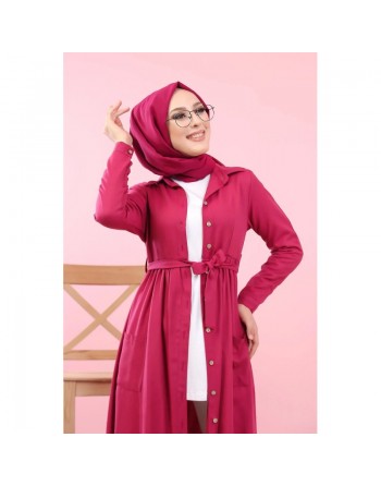 Robe entièrement boutonnée à poches et ceinture assortie (Vetement en ligne pour femme voilée) - Couleur fuchsia 