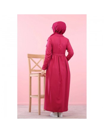 Robe entièrement boutonnée à poches et ceinture assortie (Vetement en ligne pour femme voilée) - Couleur fuchsia 