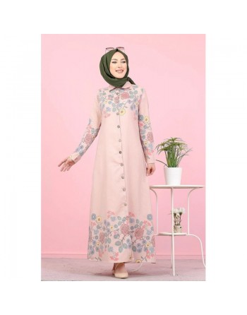 Robe-Chemise longue à fleurs pour femme (Vetement Hijab France) - Couleur rose poudré 