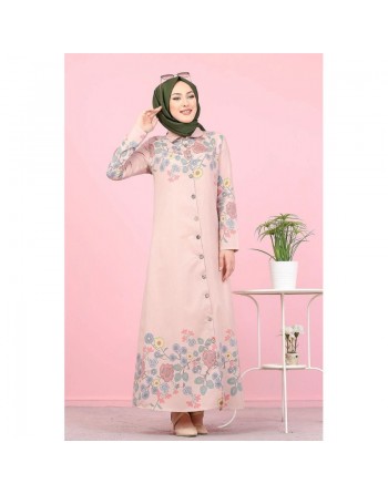 Robe-Chemise longue à fleurs pour femme (Vetement Hijab France) - Couleur rose poudré 
