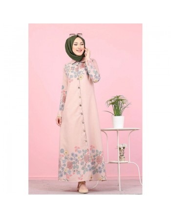 Robe-Chemise longue à fleurs pour femme (Vetement Hijab France) - Couleur rose poudré 