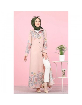 Robe-Chemise longue à fleurs pour femme (Vetement Hijab France) - Couleur rose poudré 