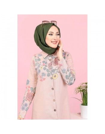 Robe-Chemise longue à fleurs pour femme (Vetement Hijab France) - Couleur rose poudré 
