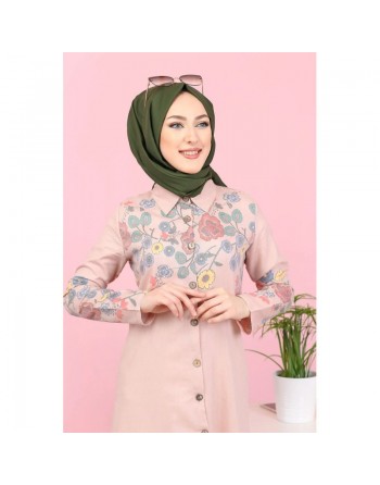 Robe-Chemise longue à fleurs pour femme (Vetement Hijab France) - Couleur rose poudré 