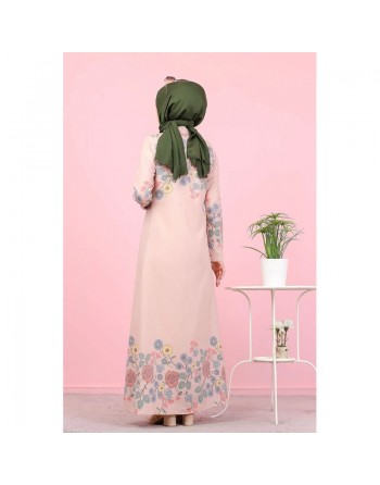 Robe-Chemise longue à fleurs pour femme (Vetement Hijab France) - Couleur rose poudré 