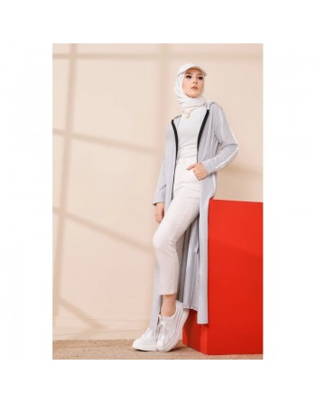 Gilet long femme - Veste longue sportswear (Tenue de sport pour Hijab) - Couleur gris clair 