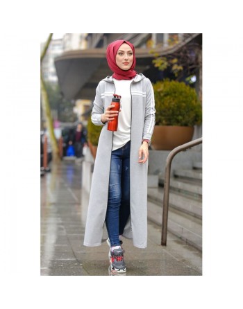 Veste longue zippée style sportswear (Robe Sport pour femme voilée) - Couleur gris clair 