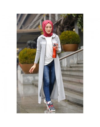Veste longue zippée style sportswear (Robe Sport pour femme voilée) - Couleur gris clair 