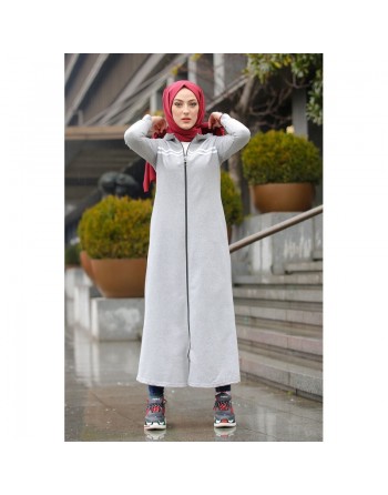 Veste longue zippée style sportswear (Robe Sport pour femme voilée) - Couleur gris clair 