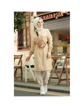 Veste moderne style décontracté avec fermeture zip (Vetement femme voilée) - Couleur beige 