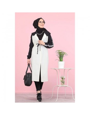 Gilet décontracté à capuche (Vetement moderne pour femme voilée) - Couleur blanc et noir 
