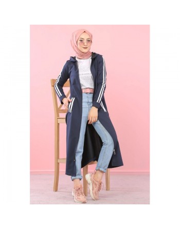 Cardigan long à capuche style décontracté et sportswear - Robe zippée pour femme voilée - Couleur Bleu marine 