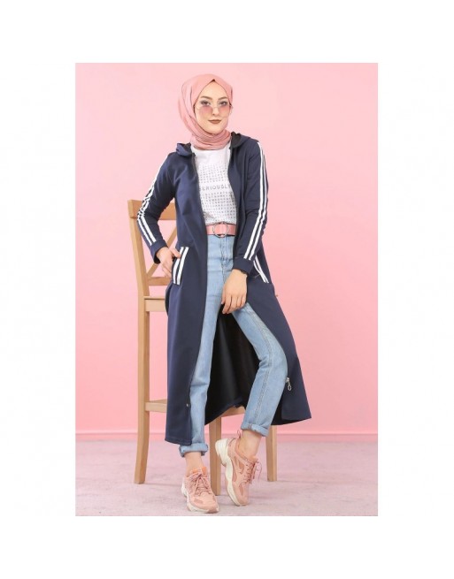 Cardigan long à capuche style décontracté et sportswear - Robe zippée pour femme voilée - Couleur Bleu marine Cardigan long à capuche style décontracté et sportswear - Robe zippée pour femme voilée - Couleur Bleu marine