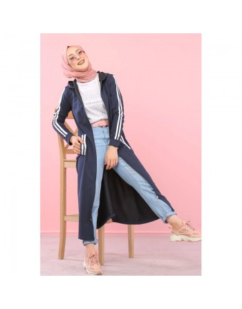 Cardigan long à capuche style décontracté et sportswear - Robe zippée pour femme voilée - Couleur Bleu marine 