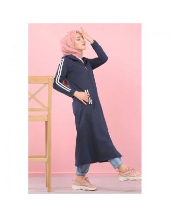 Cardigan long à capuche style décontracté et sportswear - Robe zippée pour femme voilée - Couleur Bleu marine 
