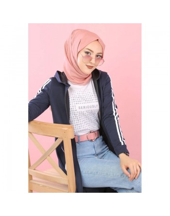 Cardigan long à capuche style décontracté et sportswear - Robe zippée pour femme voilée - Couleur Bleu marine 
