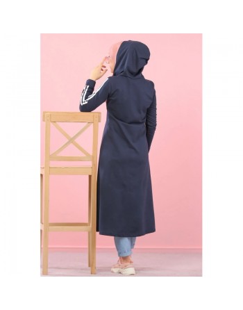 Cardigan long à capuche style décontracté et sportswear - Robe zippée pour femme voilée - Couleur Bleu marine 