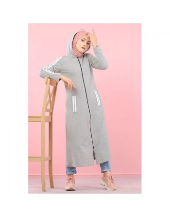Cardigan long à capuche - Robe zippée style sport pour femme musulmane - Couleur Gris clair 