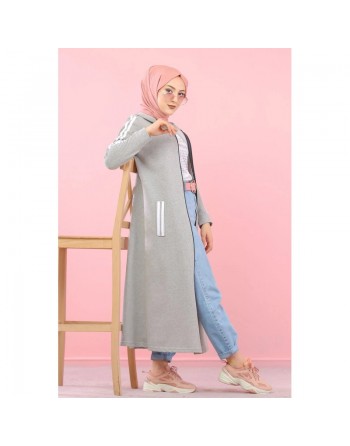 Cardigan long à capuche - Robe zippée style sport pour femme musulmane - Couleur Gris clair 