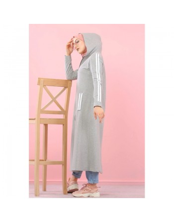 Cardigan long à capuche - Robe zippée style sport pour femme musulmane - Couleur Gris clair 