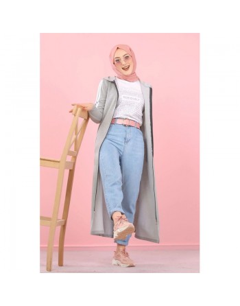 Cardigan long à capuche - Robe zippée style sport pour femme musulmane - Couleur Gris clair 