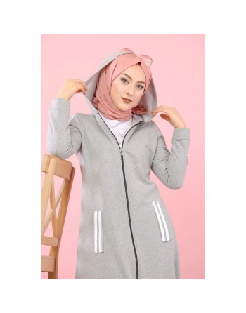 Cardigan long à capuche - Robe zippée style sport pour femme musulmane - Couleur Gris clair 