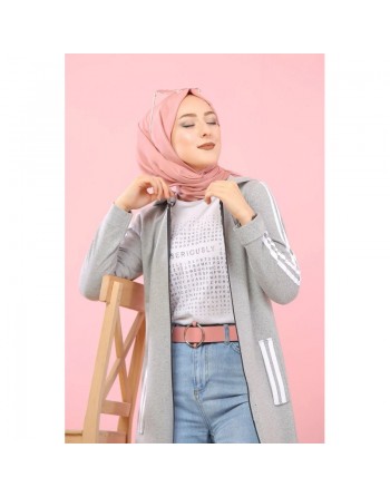 Cardigan long à capuche - Robe zippée style sport pour femme musulmane - Couleur Gris clair 
