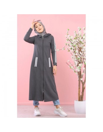 Cardigan long à capuche - Robe zippée style sport pour femme musulmane - Couleur Gris anthracite 