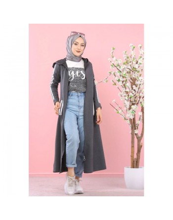 Cardigan long à capuche - Robe zippée style sport pour femme musulmane - Couleur Gris anthracite 