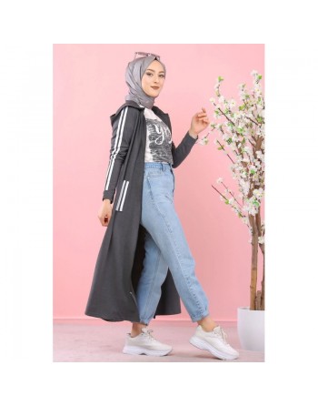 Cardigan long à capuche - Robe zippée style sport pour femme musulmane - Couleur Gris anthracite 