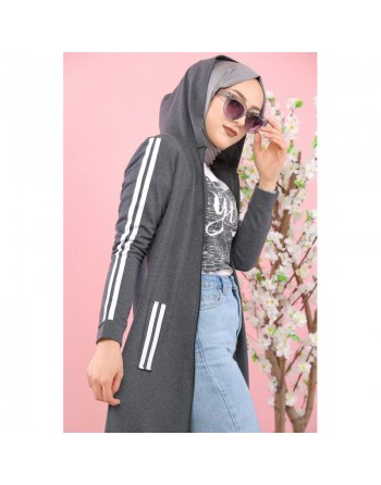 Cardigan long à capuche - Robe zippée style sport pour femme musulmane - Couleur Gris anthracite 