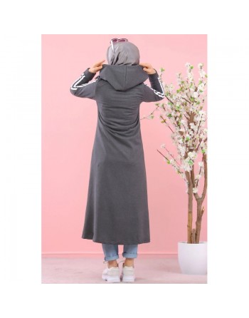 Cardigan long à capuche - Robe zippée style sport pour femme musulmane - Couleur Gris anthracite 