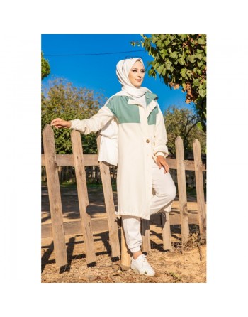 Veste longue bicolore à capuche (Casual Modest Fashion) - Couleur blanc et menthe 