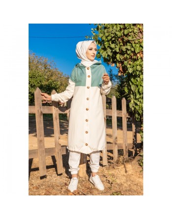 Veste longue bicolore à capuche (Casual Modest Fashion) - Couleur blanc et menthe 