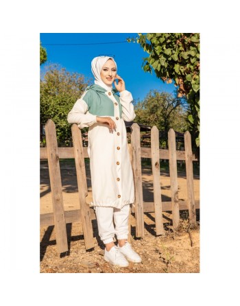 Veste longue bicolore à capuche (Casual Modest Fashion) - Couleur blanc et menthe 